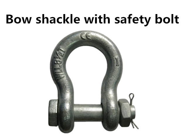 Bow shackle with safety bolt